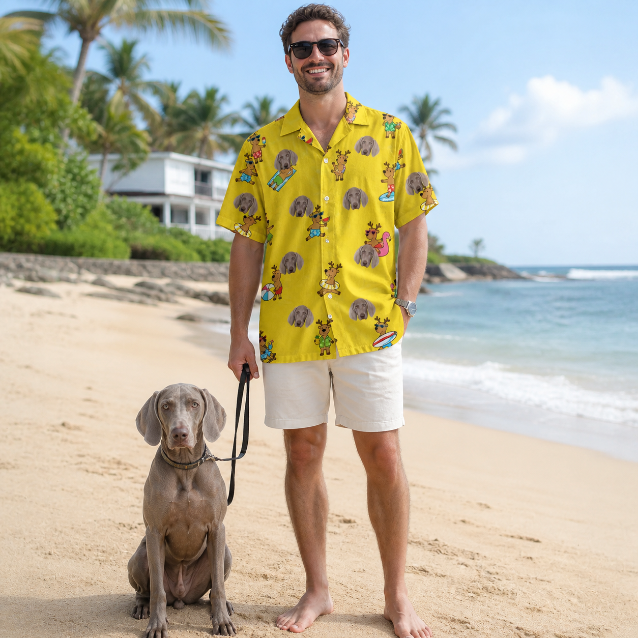 Full-length photo with the pet printed all over this Men's Antler Antics Custom Dog Face Hawaiian Shirt