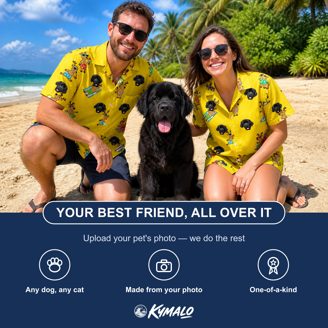Friends in matching Men's Antler Antics Custom Dog Face Hawaiian Shirt — a group gift photo