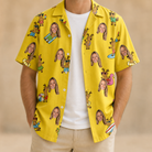 Man wearing Men's Antler Antics Custom Face Hawaiian Shirt open over a white tee