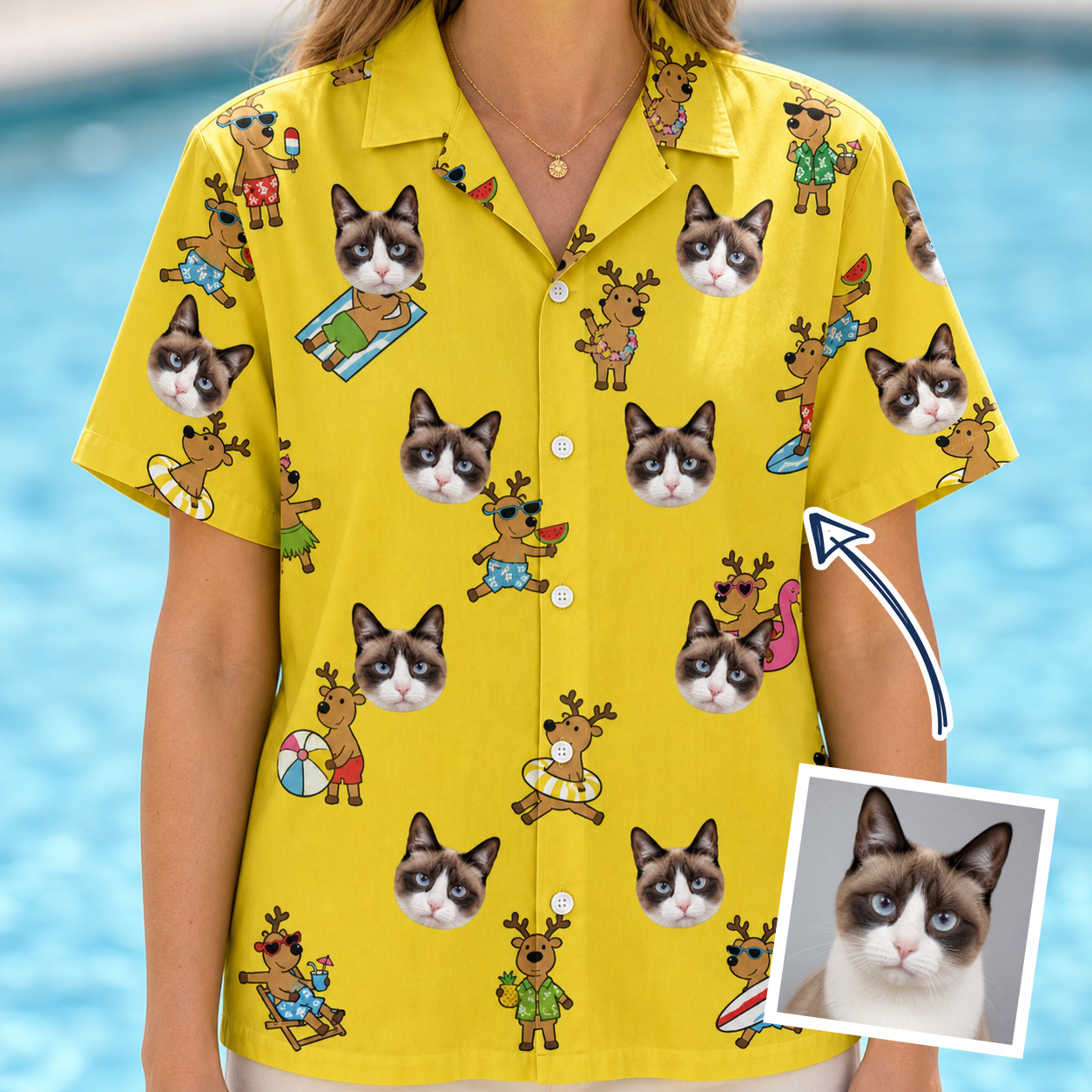 Woman wearing Women's Antler Antics Custom Cat Face Hawaiian Shirt — custom faces printed all-over