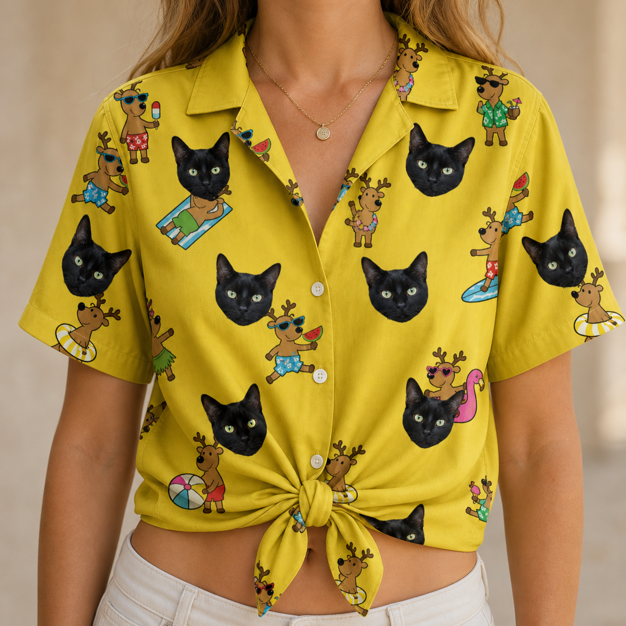 Woman wearing Women's Antler Antics Custom Cat Face Hawaiian Shirt tied at the waist