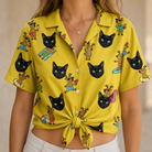 Woman wearing Women's Antler Antics Custom Cat Face Hawaiian Shirt tied at the waist