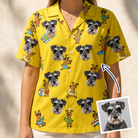 Woman wearing Women's Antler Antics Custom Dog Face Hawaiian Shirt — custom faces printed all-over