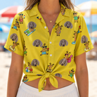 Woman wearing Women's Antler Antics Custom Dog Face Hawaiian Shirt tied at the waist