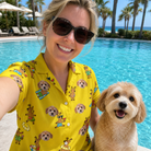 Selfie with the pet whose face is printed all over this Women's Antler Antics Custom Dog Face Hawaiian Shirt