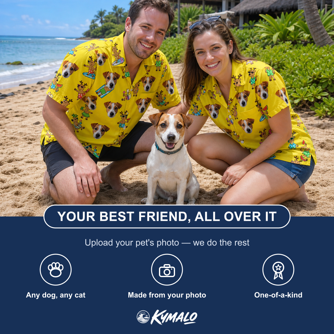 Friends in matching Women's Antler Antics Custom Dog Face Hawaiian Shirt — a group gift photo