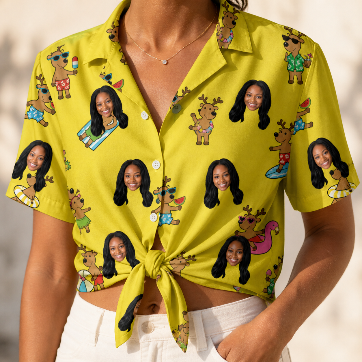 Woman wearing Women's Antler Antics Custom Face Hawaiian Shirt tied at the waist