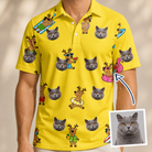 Man wearing Men's Antler Antics Custom Cat Face Polo Shirt — custom faces printed all-over