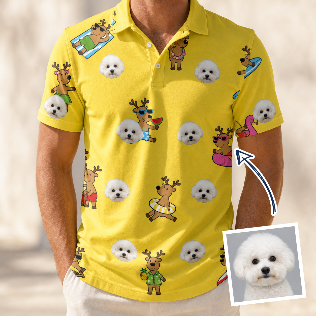 Man wearing Men's Antler Antics Custom Dog Face Polo Shirt — custom faces printed all-over