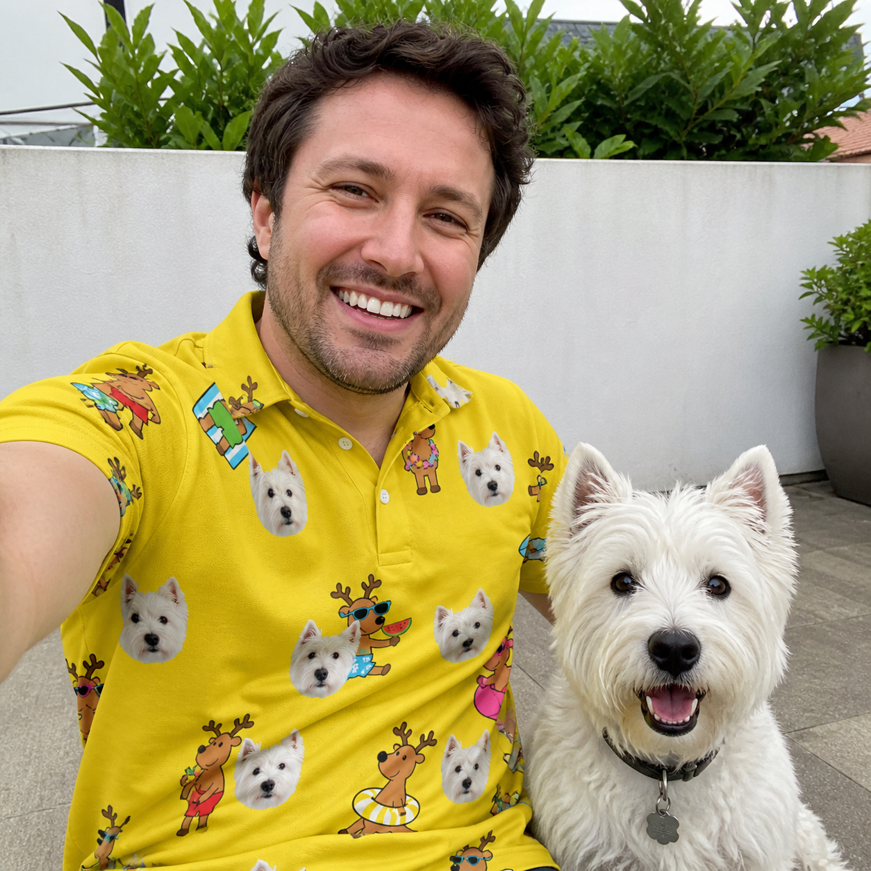Selfie with the pet whose face is printed all over this Men's Antler Antics Custom Dog Face Polo Shirt