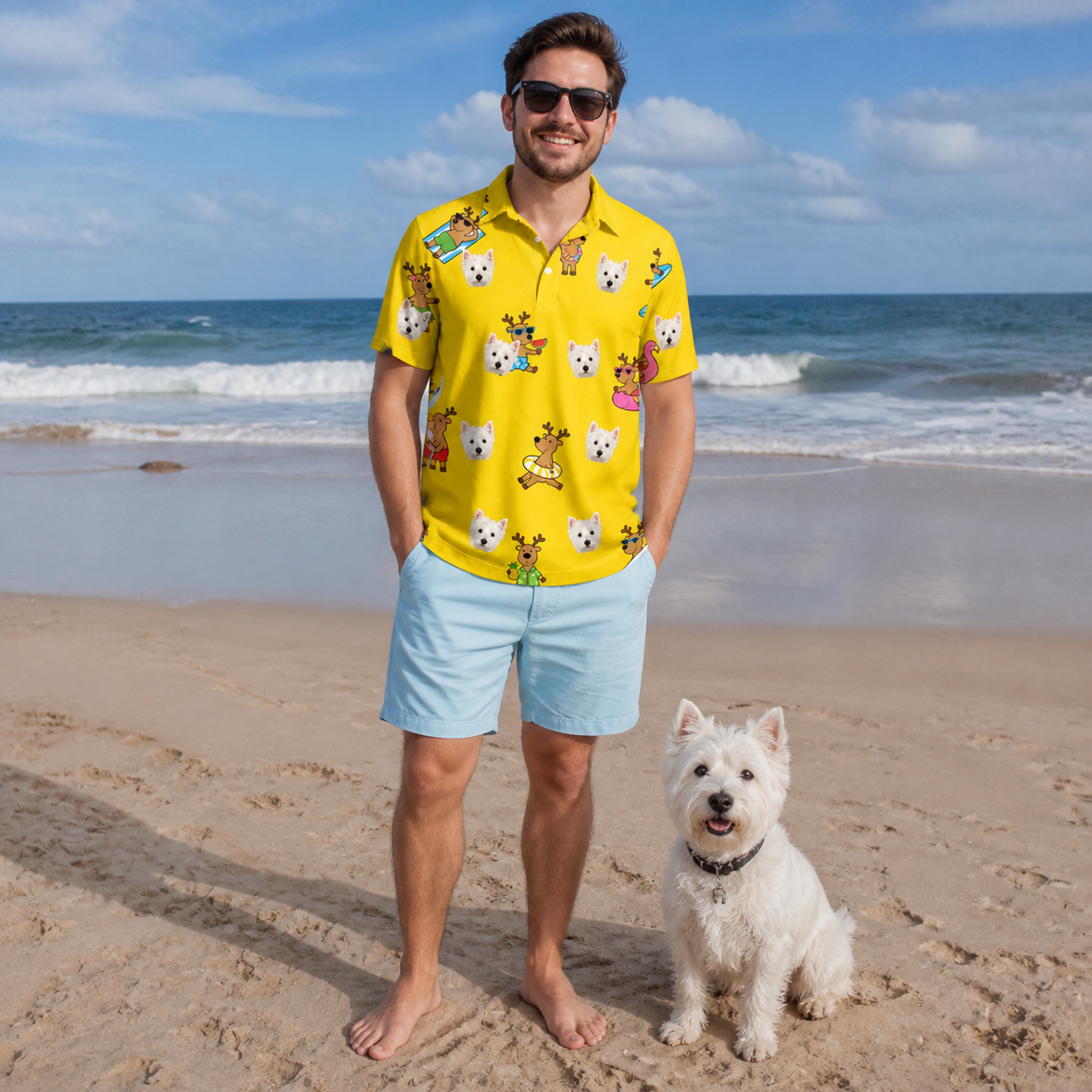 Full-length photo with the pet printed all over this Men's Antler Antics Custom Dog Face Polo Shirt