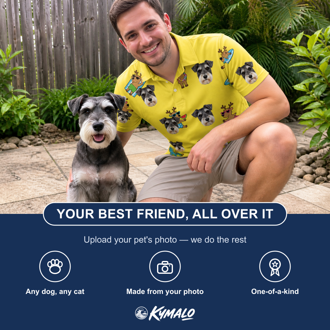 Friends in matching Men's Antler Antics Custom Dog Face Polo Shirt — a group gift photo