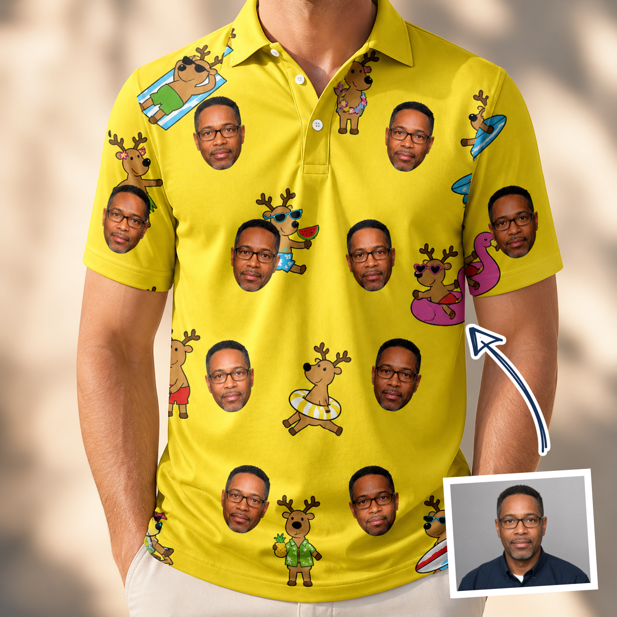 Man wearing Men's Antler Antics Custom Face Polo Shirt — custom faces printed all-over