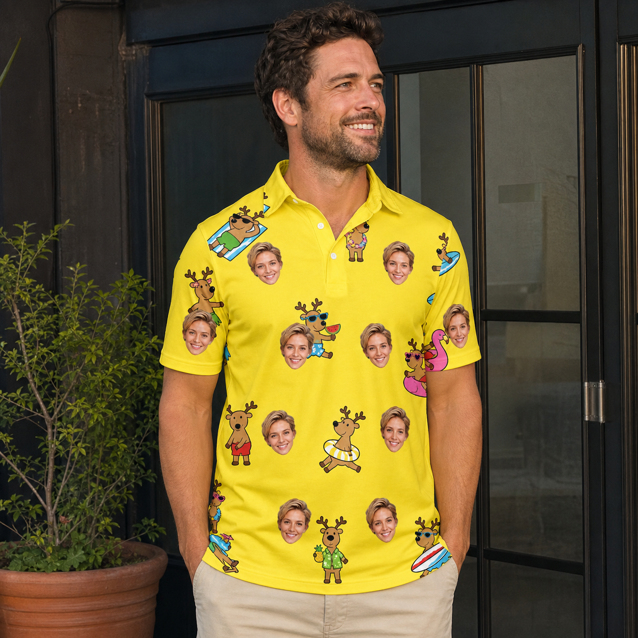 Real-life photo of someone wearing Men's Antler Antics Custom Face Polo Shirt — custom faces printed all-over