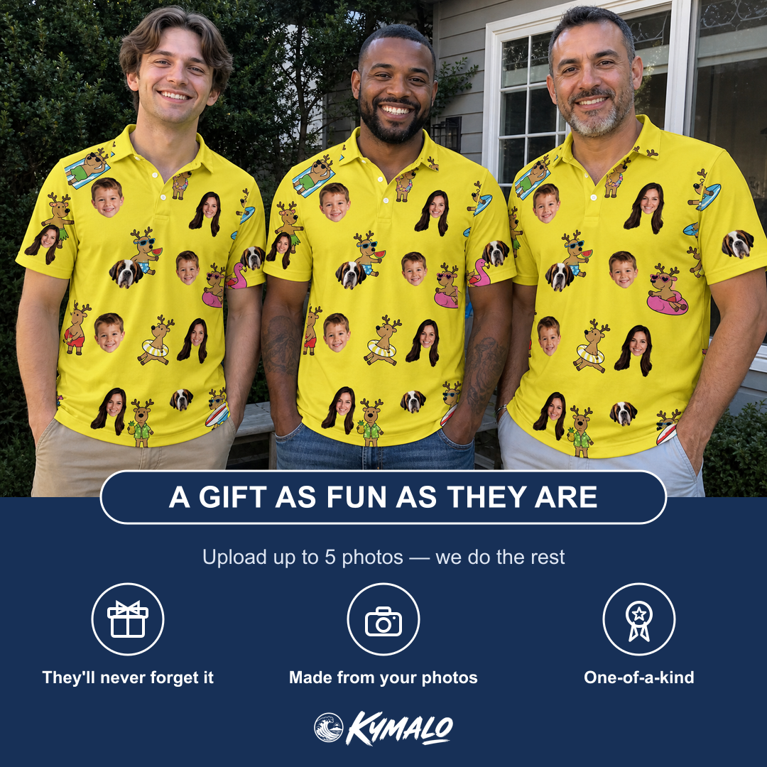 Friends in matching Men's Antler Antics Custom Face Polo Shirt — a group gift photo