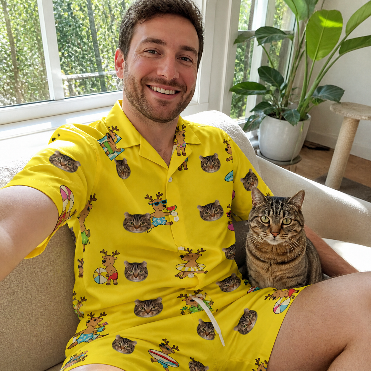 Selfie with the pet whose face is printed all over this Men's Antler Antics Custom Cat Face Shirt & Shorts Set