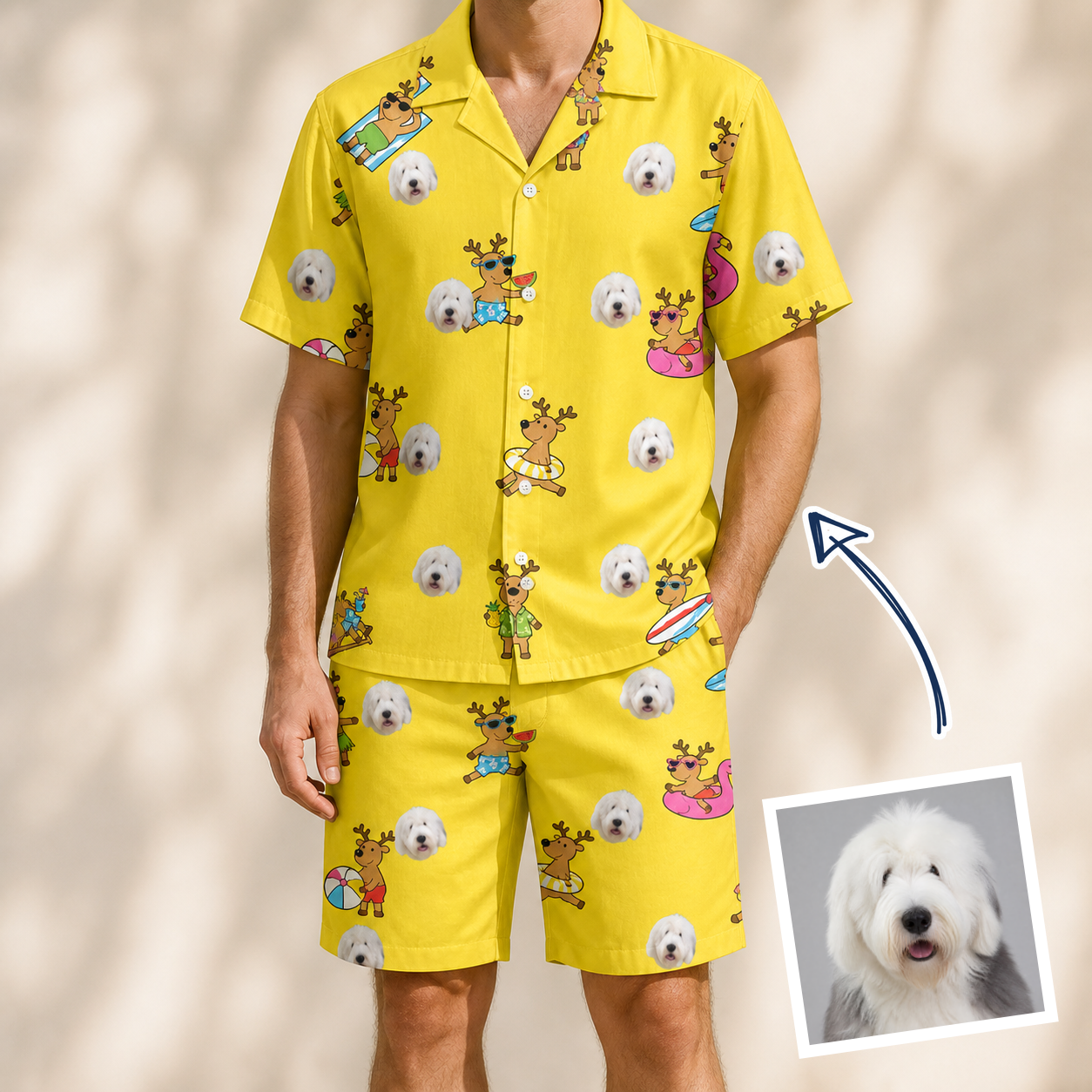 Man wearing Men's Antler Antics Custom Dog Face Shirt & Shorts Set — custom faces printed all-over