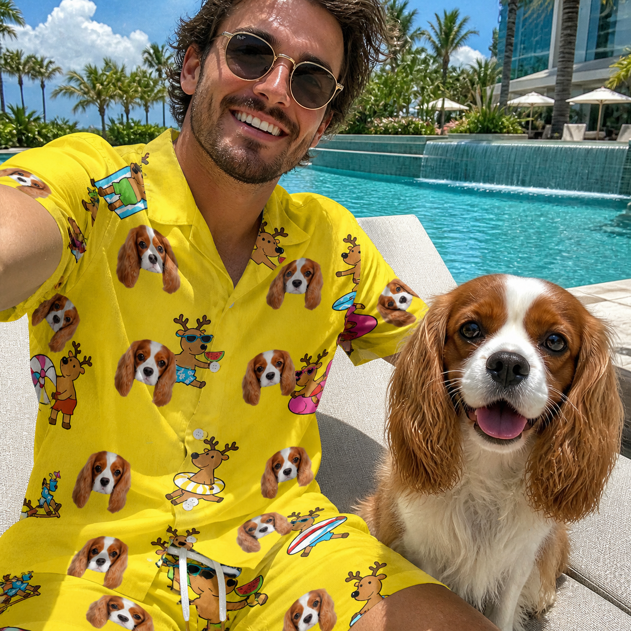 Selfie with the pet whose face is printed all over this Men's Antler Antics Custom Dog Face Shirt & Shorts Set