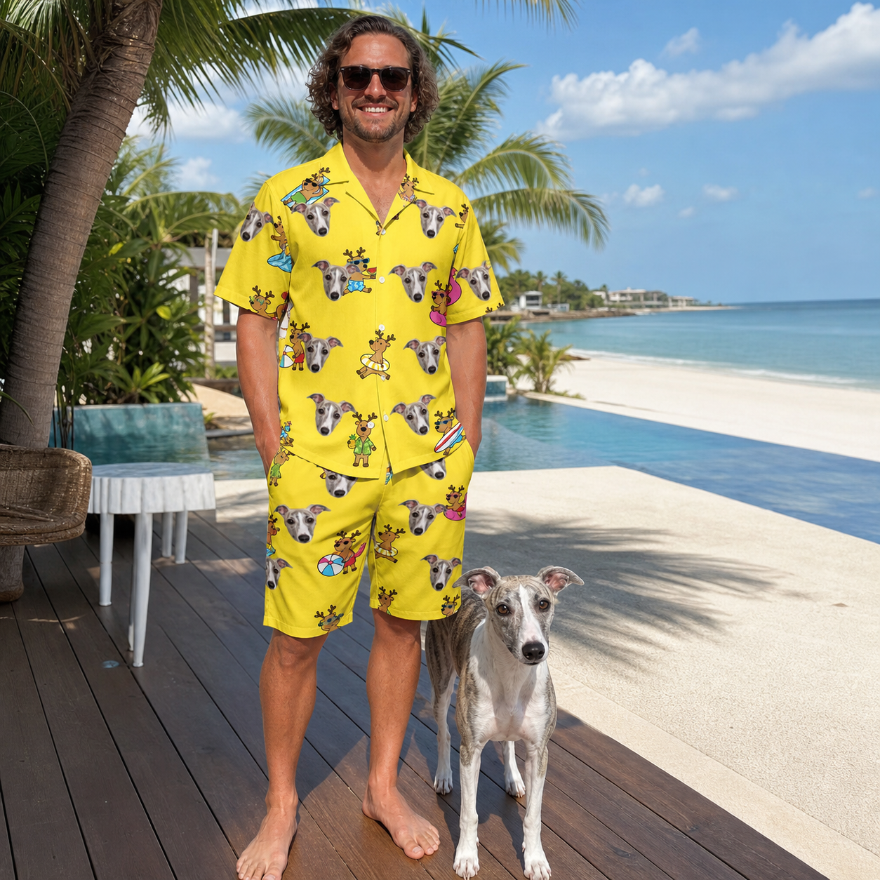 Full-length photo with the pet printed all over this Men's Antler Antics Custom Dog Face Shirt & Shorts Set