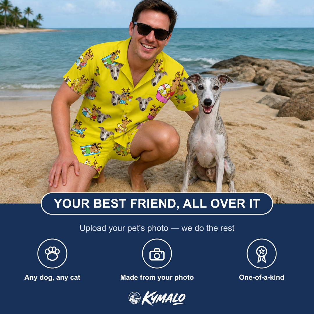 Friends in matching Men's Antler Antics Custom Dog Face Shirt & Shorts Set — a group gift photo