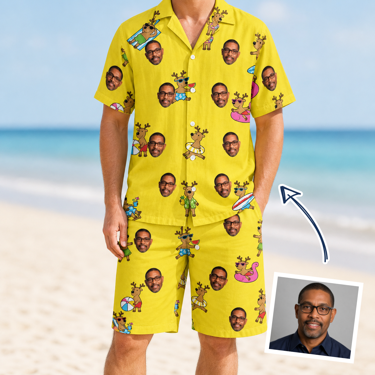 Man wearing Men's Antler Antics Custom Face Shirt & Shorts Set — custom faces printed all-over