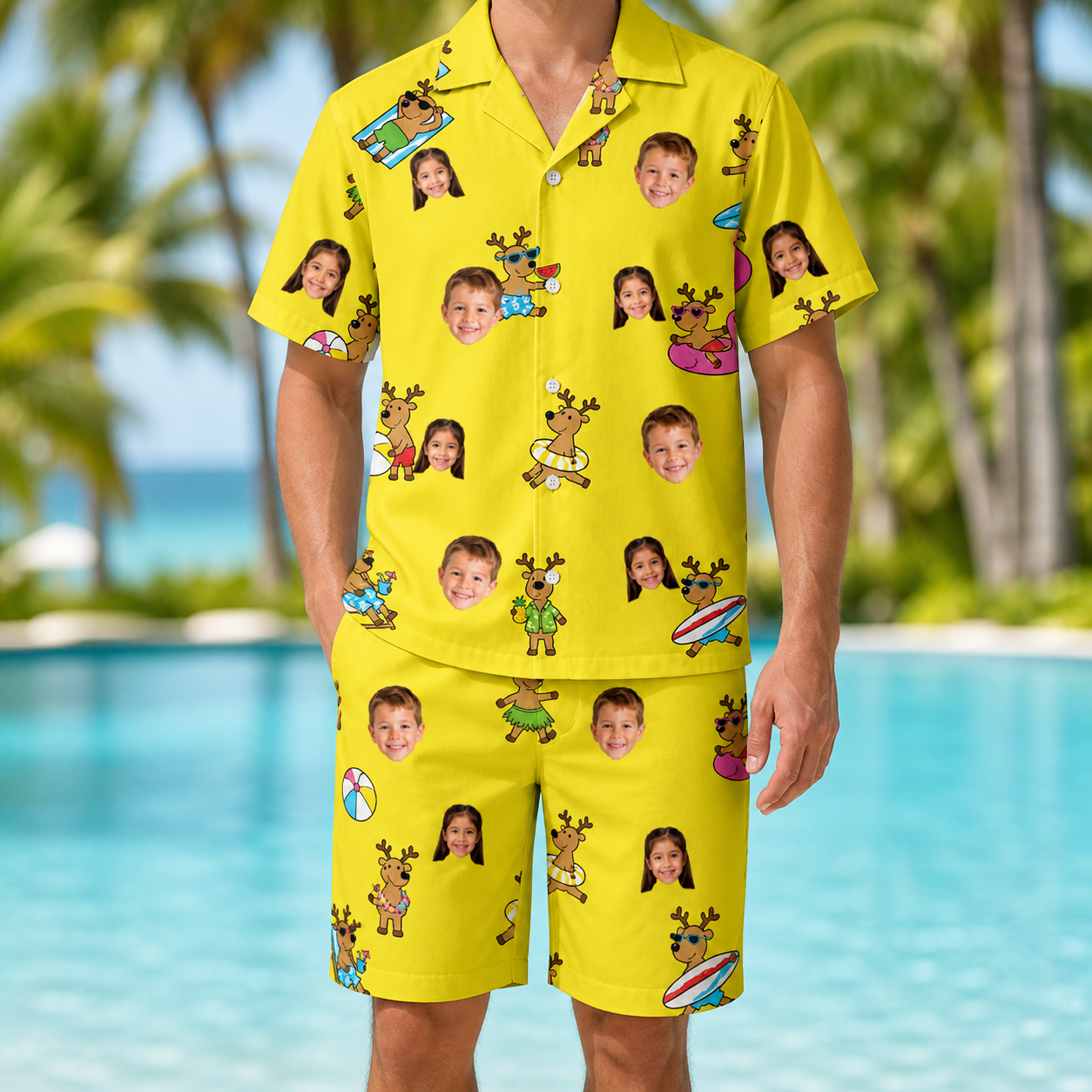 Model wearing Men's Antler Antics Custom Face Shirt & Shorts Set printed with kids' faces