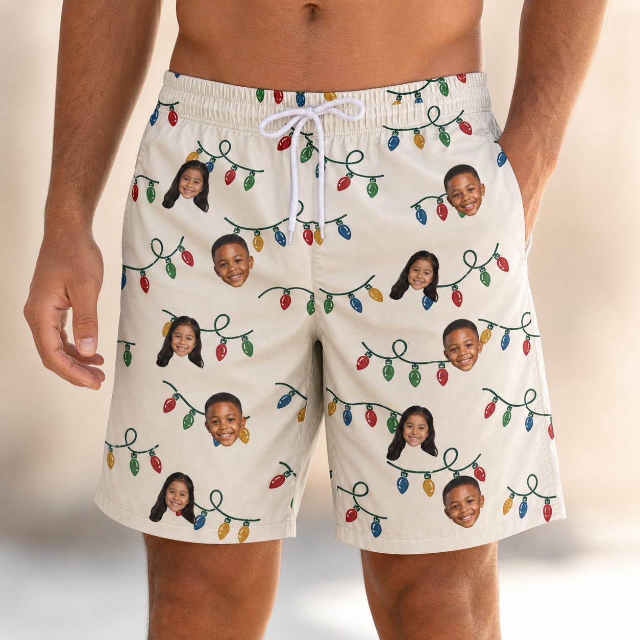 Model wearing Men's Twinkle Tangled Custom Face Beach Shorts printed with kids' faces