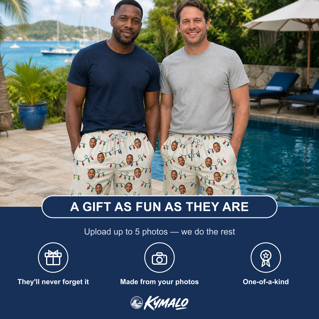 Friends in matching Men's Twinkle Tangled Custom Face Beach Shorts — a group gift photo