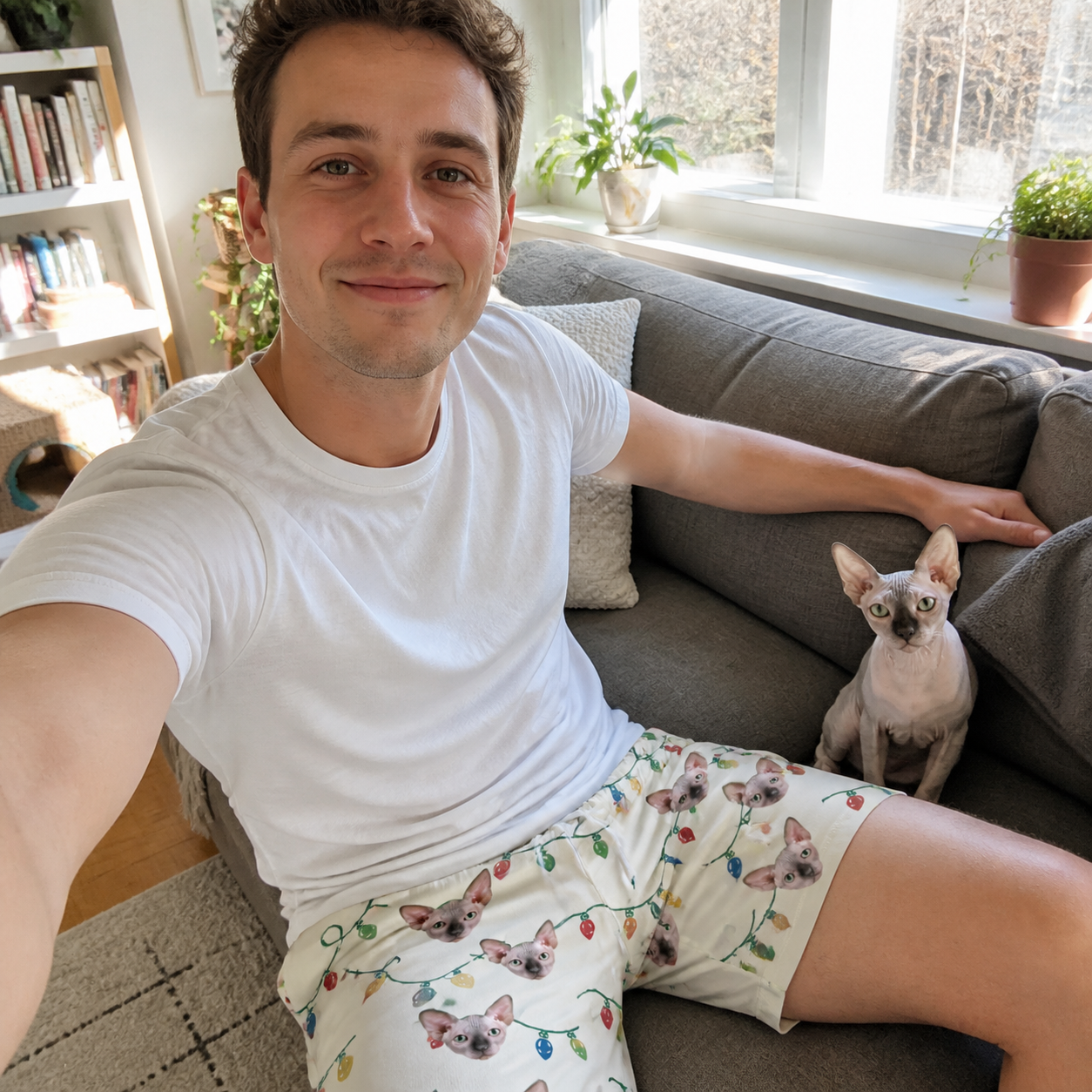 Selfie with the pet whose face is printed all over this Men's Twinkle Tangled Custom Cat Face Beach Shorts