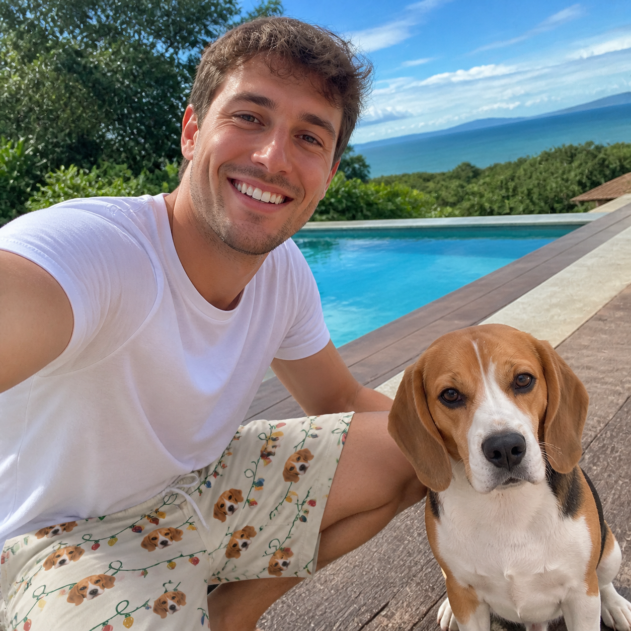 Selfie with the pet whose face is printed all over this Men's Twinkle Tangled Custom Dog Face Beach Shorts