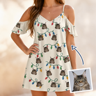 Woman wearing Women's Twinkle Tangled Custom Cat Face Off-Shoulder Dress — custom faces printed all-over