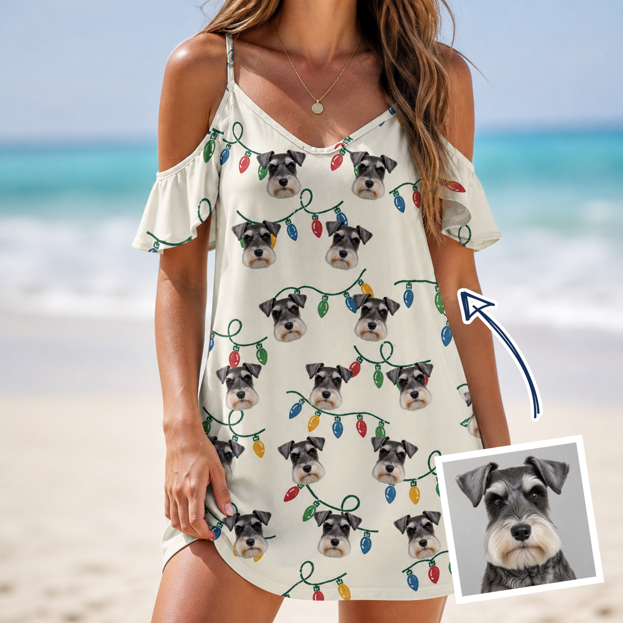 Woman wearing Women's Twinkle Tangled Custom Dog Face Off-Shoulder Dress — custom faces printed all-over