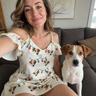 Selfie with the pet whose face is printed all over this Women's Twinkle Tangled Custom Dog Face Off-Shoulder Dress