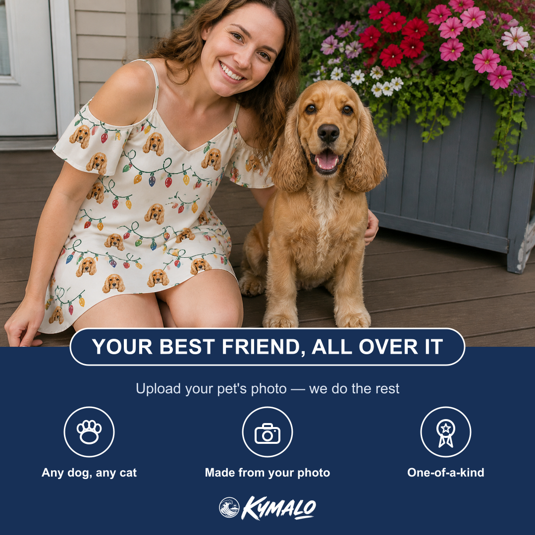Friends in matching Women's Twinkle Tangled Custom Dog Face Off-Shoulder Dress — a group gift photo