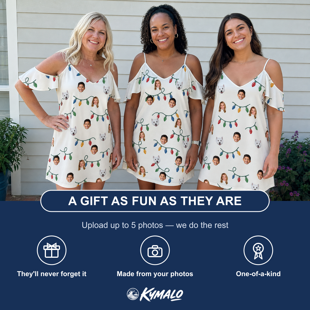 Friends in matching Women's Twinkle Tangled Custom Face Off-Shoulder Dress — a group gift photo