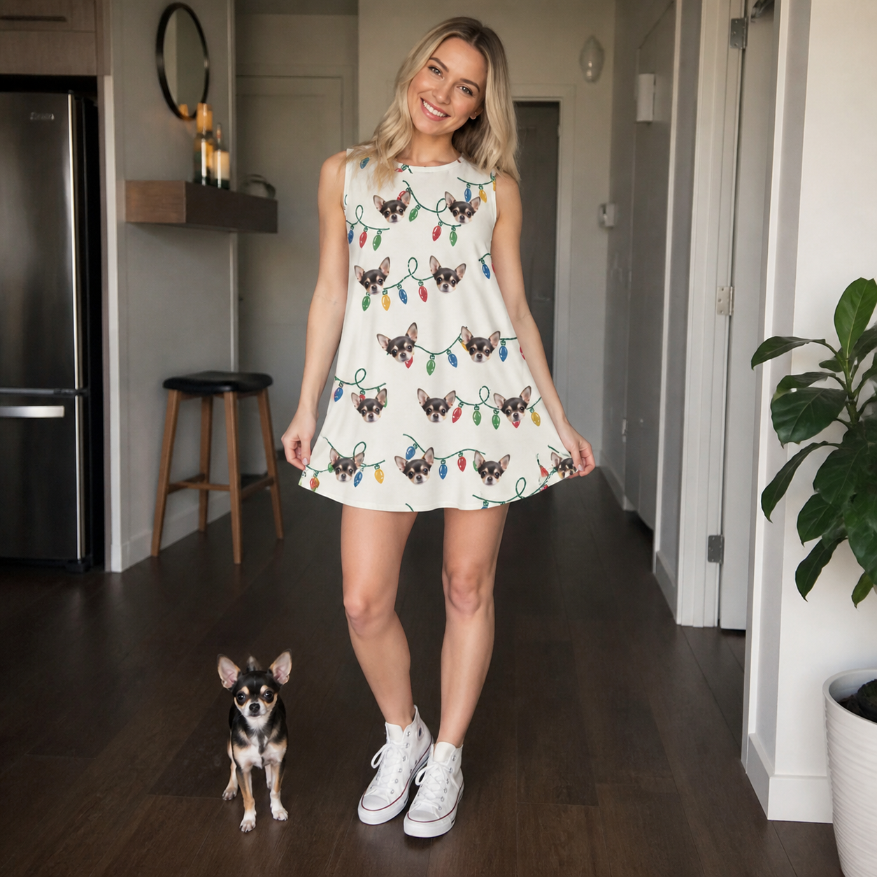 Full-length photo with the pet printed all over this Women's Twinkle Tangled Custom Dog Face Tank Dress