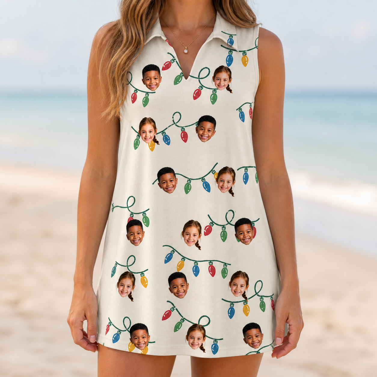 Model wearing Women's Twinkle Tangled Custom Face V-Neck Dress printed with kids' faces