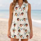 Model wearing Women's Twinkle Tangled Custom Face V-Neck Dress printed with kids' faces