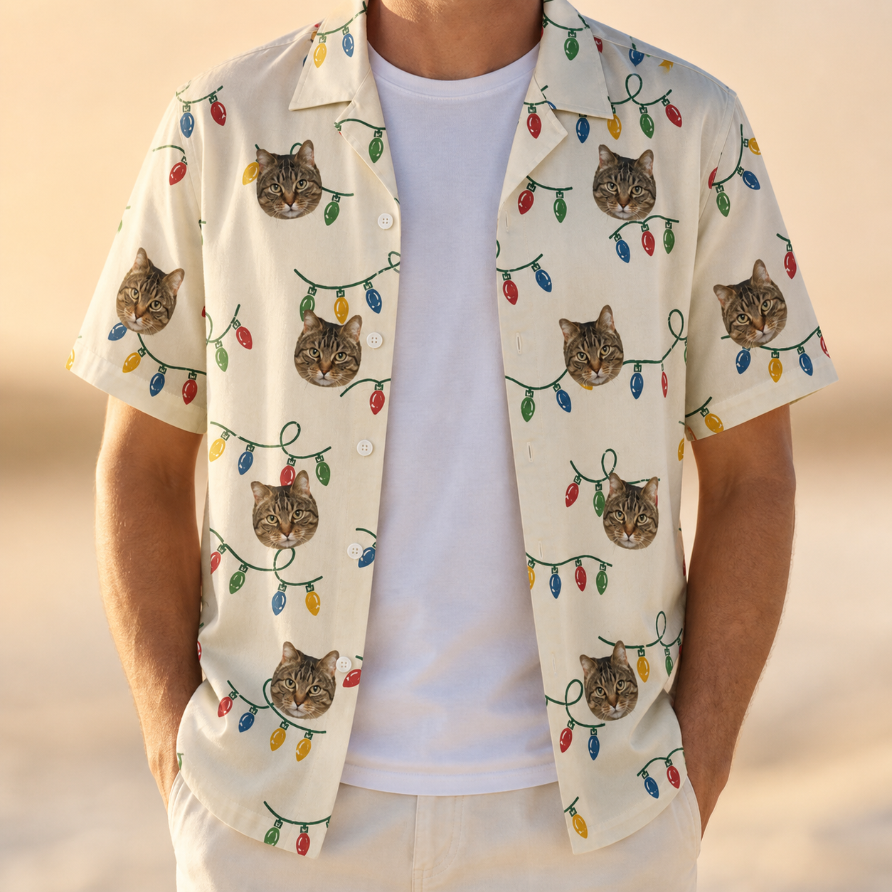 Man wearing Men's Twinkle Tangled Custom Cat Face Hawaiian Shirt open over a white tee