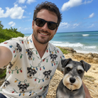 Selfie with the pet whose face is printed all over this Men's Twinkle Tangled Custom Dog Face Hawaiian Shirt