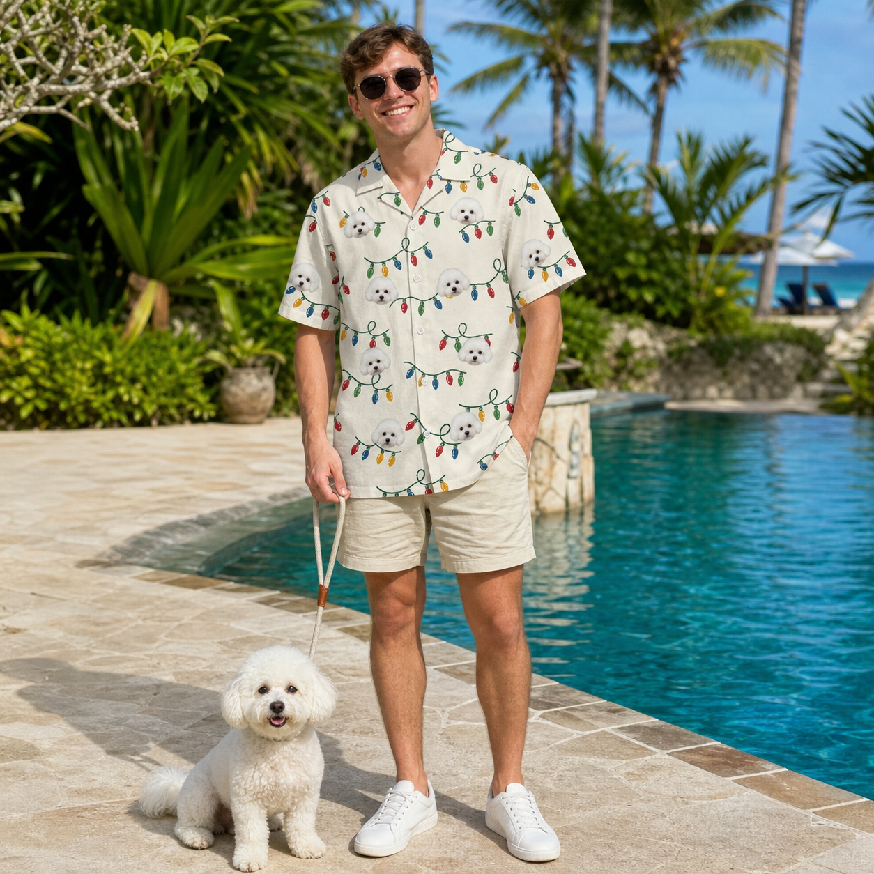Full-length photo with the pet printed all over this Men's Twinkle Tangled Custom Dog Face Hawaiian Shirt