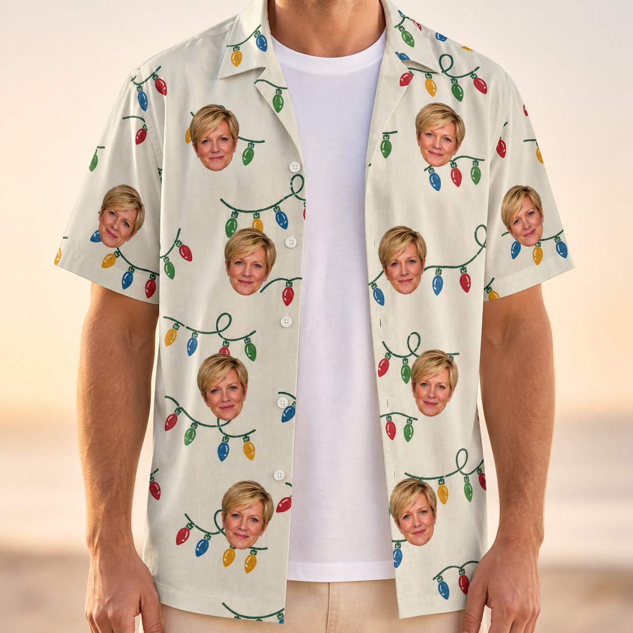 Man wearing Men's Twinkle Tangled Custom Face Hawaiian Shirt open over a white tee