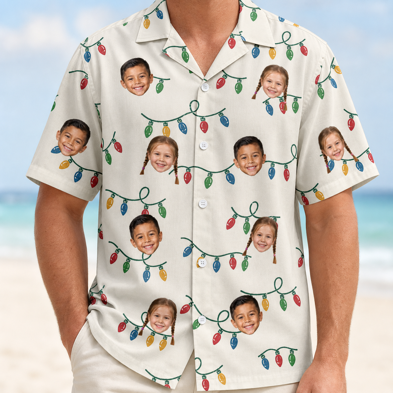 Model wearing Men's Twinkle Tangled Custom Face Hawaiian Shirt printed with kids' faces