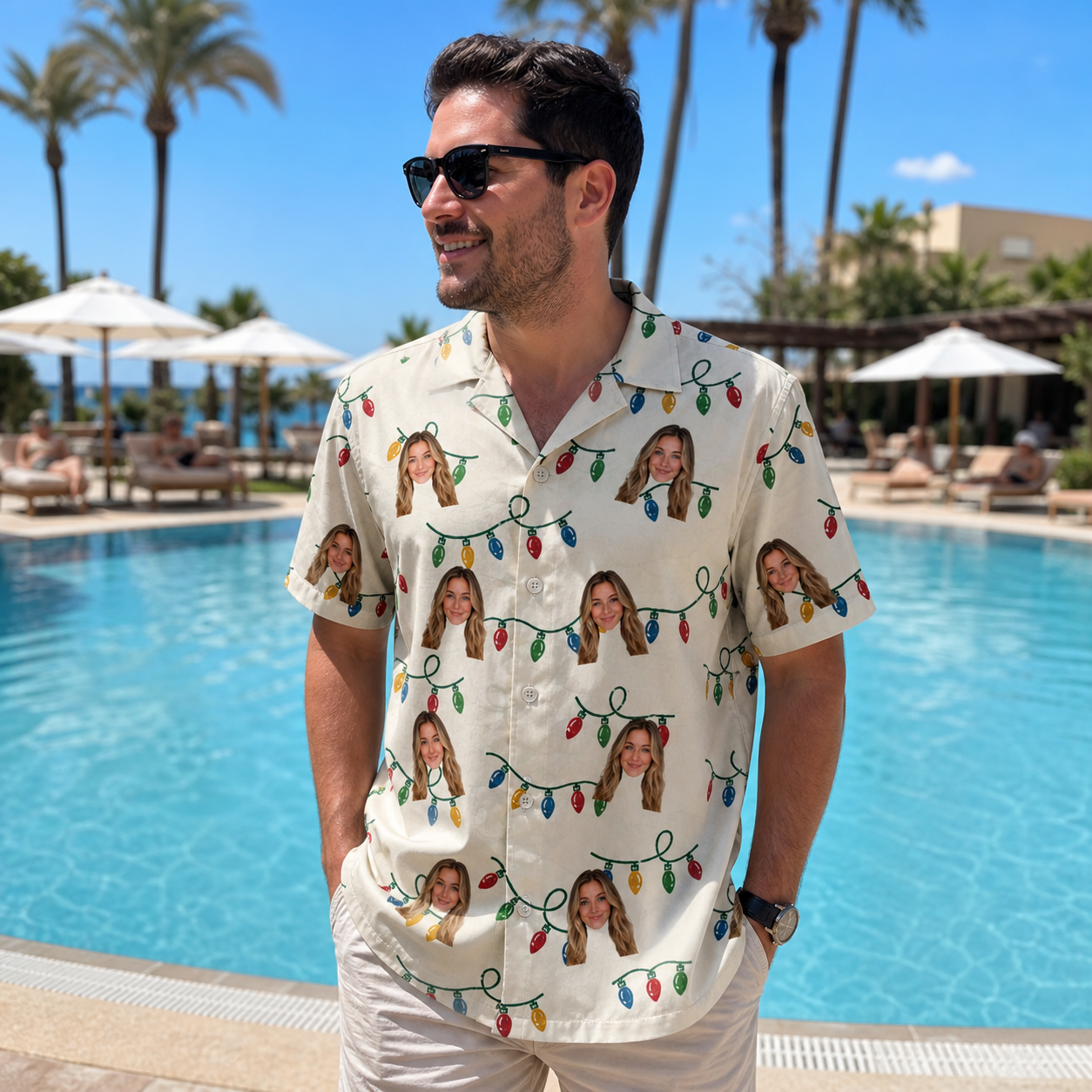 Real-life photo of someone wearing Men's Twinkle Tangled Custom Face Hawaiian Shirt — custom faces printed all-over