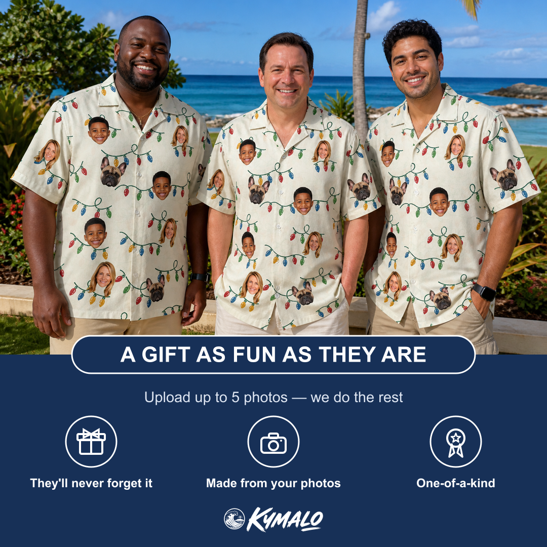 Friends in matching Men's Twinkle Tangled Custom Face Hawaiian Shirt — a group gift photo