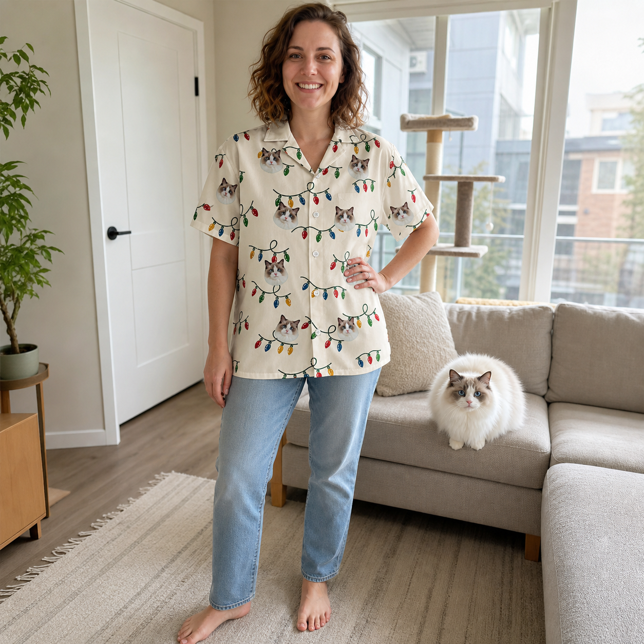 Full-length photo with the pet printed all over this Women's Twinkle Tangled Custom Cat Face Hawaiian Shirt