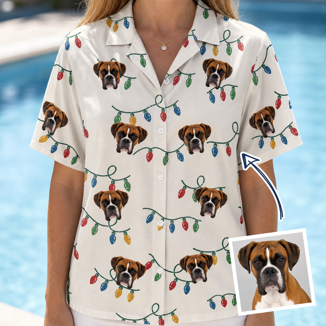 Woman wearing Women's Twinkle Tangled Custom Dog Face Hawaiian Shirt — custom faces printed all-over