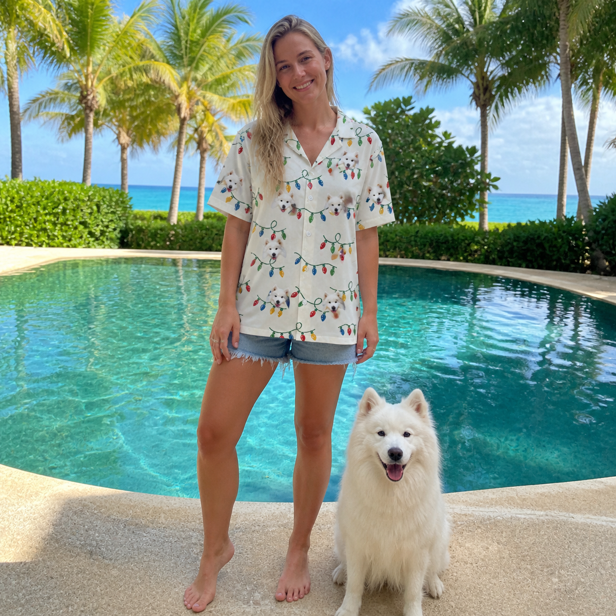 Full-length photo with the pet printed all over this Women's Twinkle Tangled Custom Dog Face Hawaiian Shirt