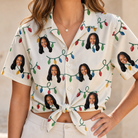 Woman wearing Women's Twinkle Tangled Custom Face Hawaiian Shirt tied at the waist