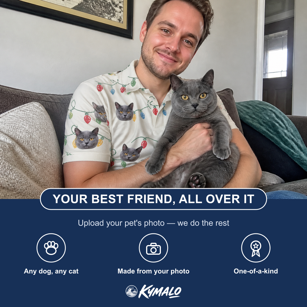 Friends in matching Men's Twinkle Tangled Custom Cat Face Polo Shirt — a group gift photo